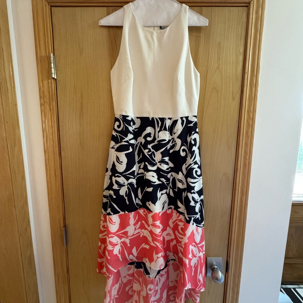 Vince Camuto Cream, Black, and Coral High Low Dress